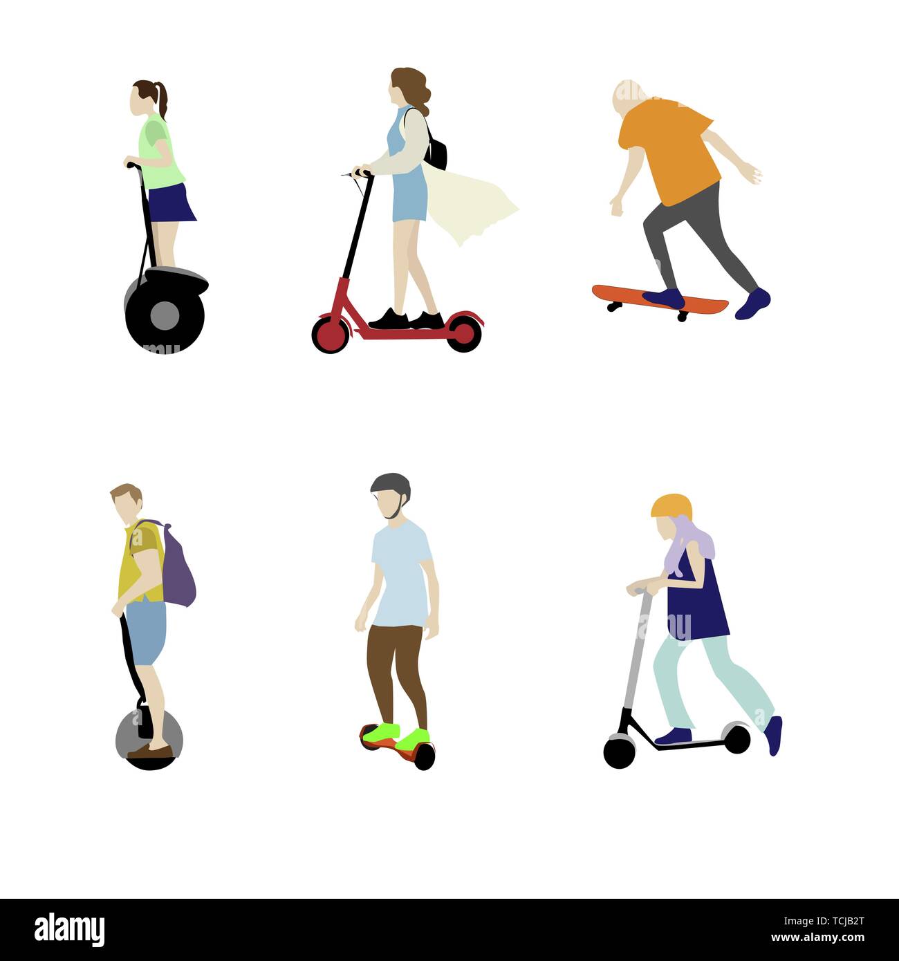 Scooter hoverboard et skate. Transports électriques individuels. Vector segway et skateur professionnel, longboard et monowheel, mono et illustration gyro Illustration de Vecteur