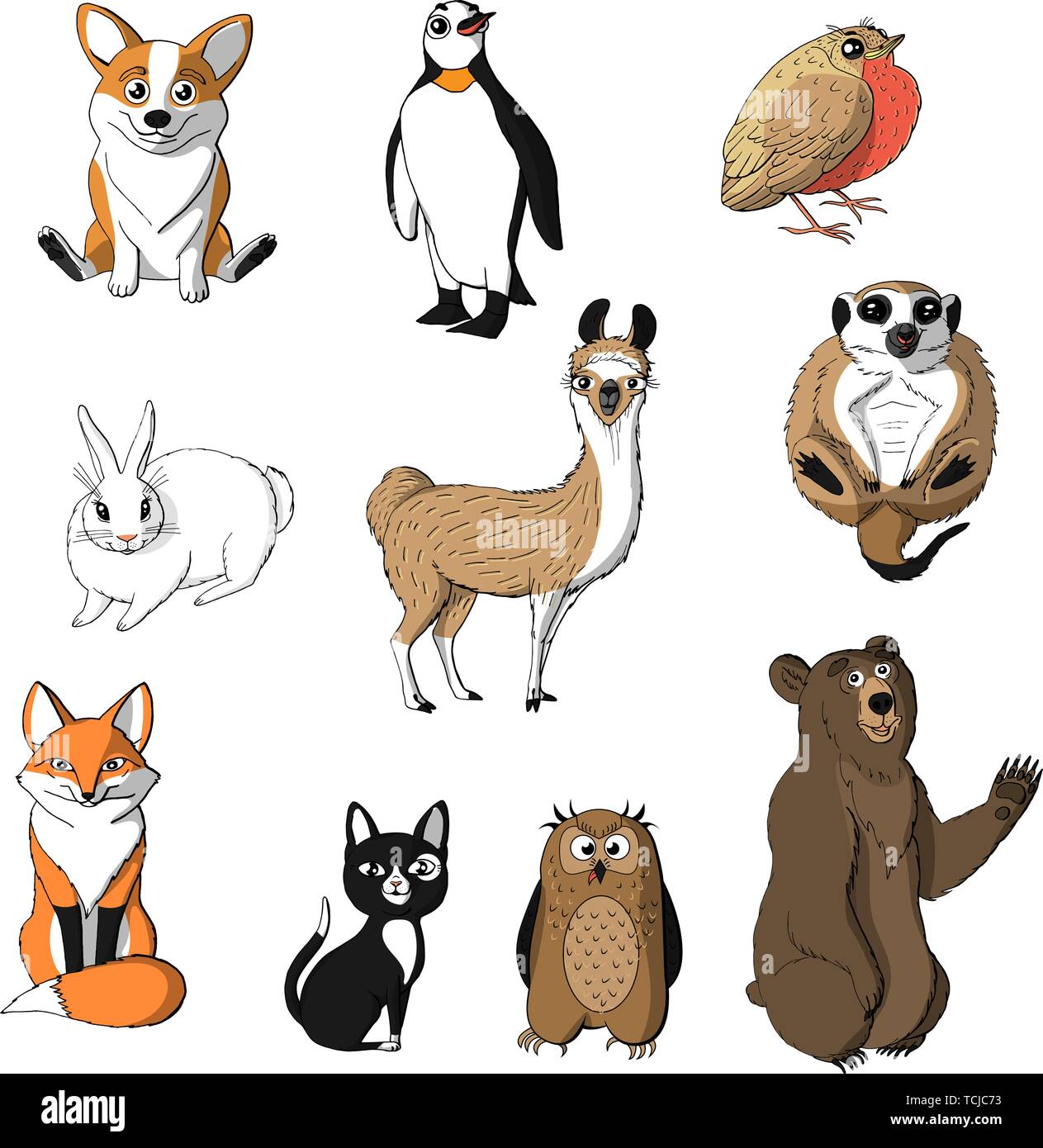 Ensemble d'animaux mignon isolé sur fond blanc. le renard roux, l'Owl, lapin, meerkat, cat, Corgi, oiseau, pingouin et ours. stock vector illustration Illustration de Vecteur