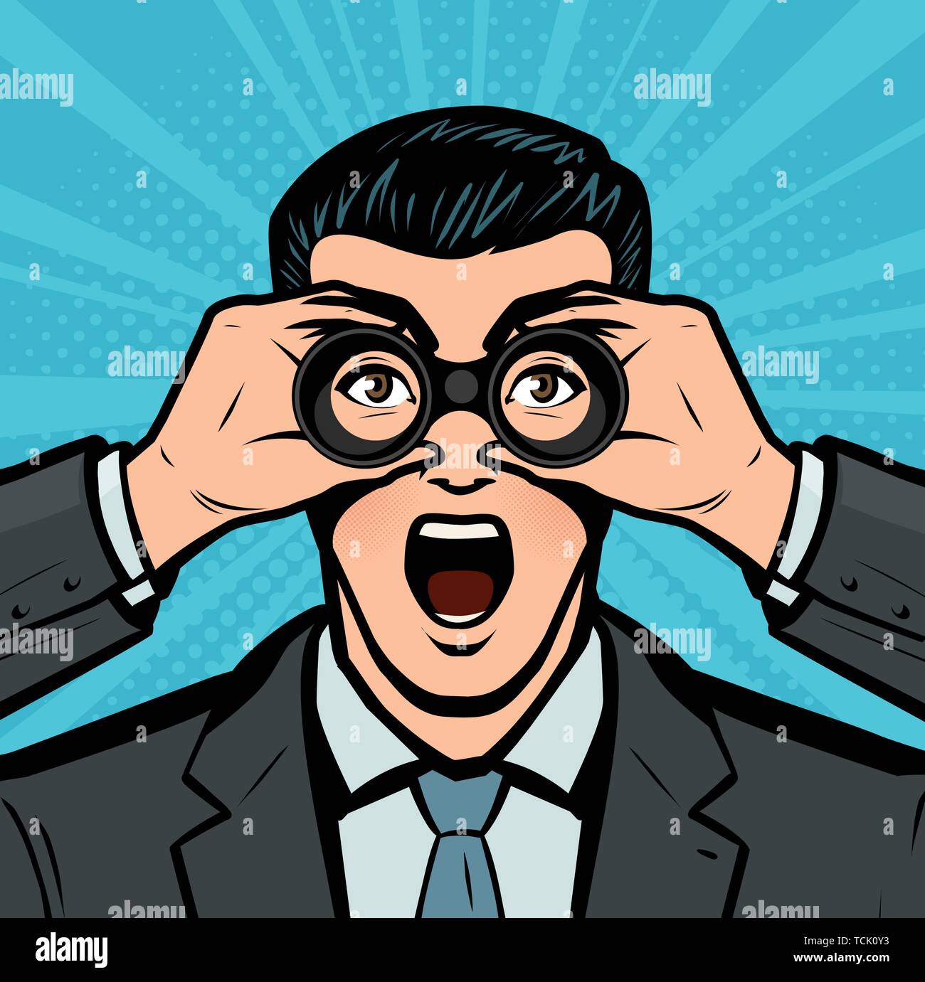 Businessman looking through binoculars. Concept d'affaires dans pop art retro style bande dessinée. Cartoon vector illustration Illustration de Vecteur