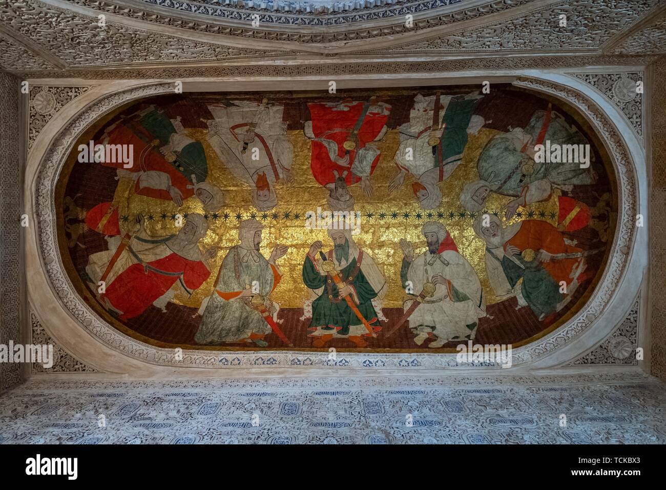 Assemblée générale de dix personnalités islamiques, la peinture de plafond, Sala de los Reyes, prix des Rois, palais Nasrides, Alhambra, Granada, Andalousie, Espagne Banque D'Images