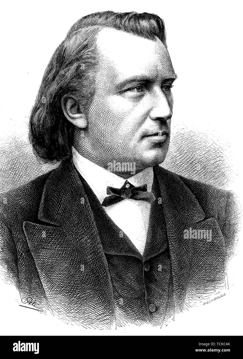 Johannes Brahms, 1833-1897, compositeur et pianiste allemand de la période romantique, 1880, gravure sur bois historique, Allemagne Banque D'Images
