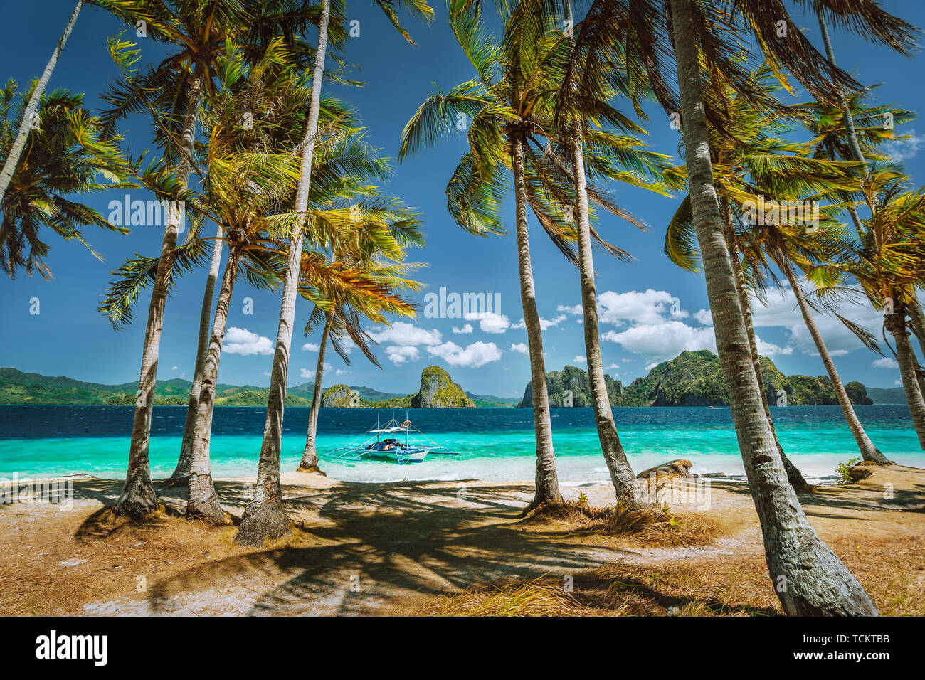 L'exploration de Palawan plus célèbres sites touristiques. Palmiers et solitaire d'une île à l'autre bateau d'excursion sur la plage tropicale de Pinagbuyutan Lipi, Philippines. Banque D'Images