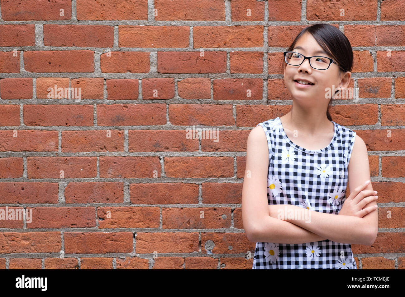 Portrait de jeune fille asiatique contre le mur de brique rouge Banque D'Images