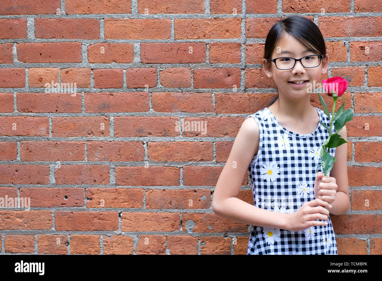 Portrait de jeune fille asiatique avec fleur rose rouge contre le mur de brique rouge Banque D'Images