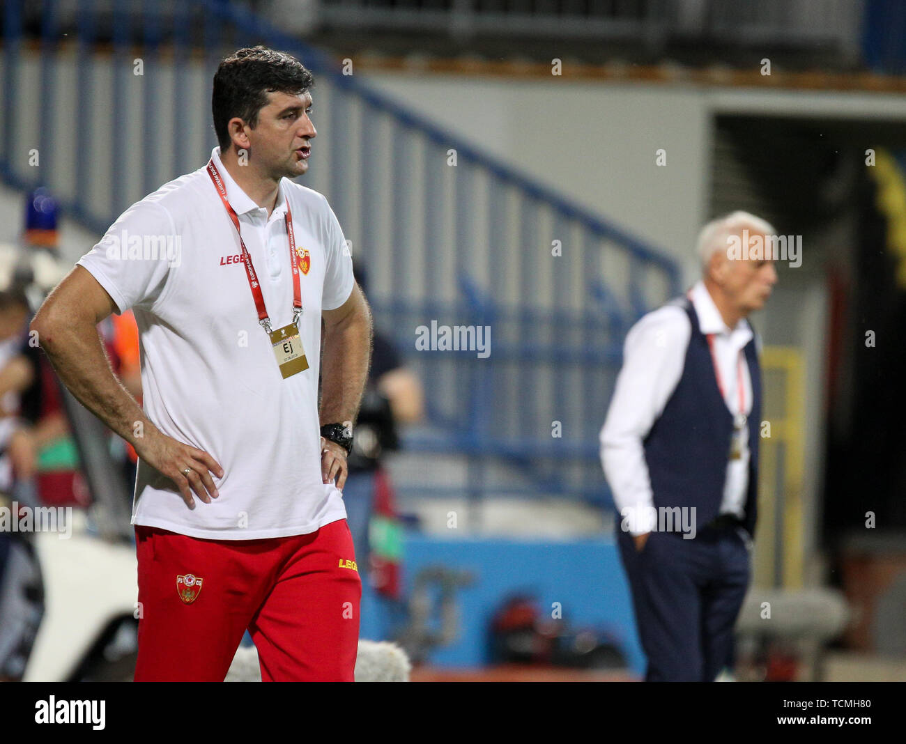 PODGORICA, Monténégro - 07 juin : le Monténégro coach Miodrag Dzudovic pendant l'UEFA EURO 2020 Un groupe de qualification entre le Monténégro et le Kosovo au stade municipal de Podgorica le 7 juin 2019 à Podgorica, Monténégro MO Media Banque D'Images