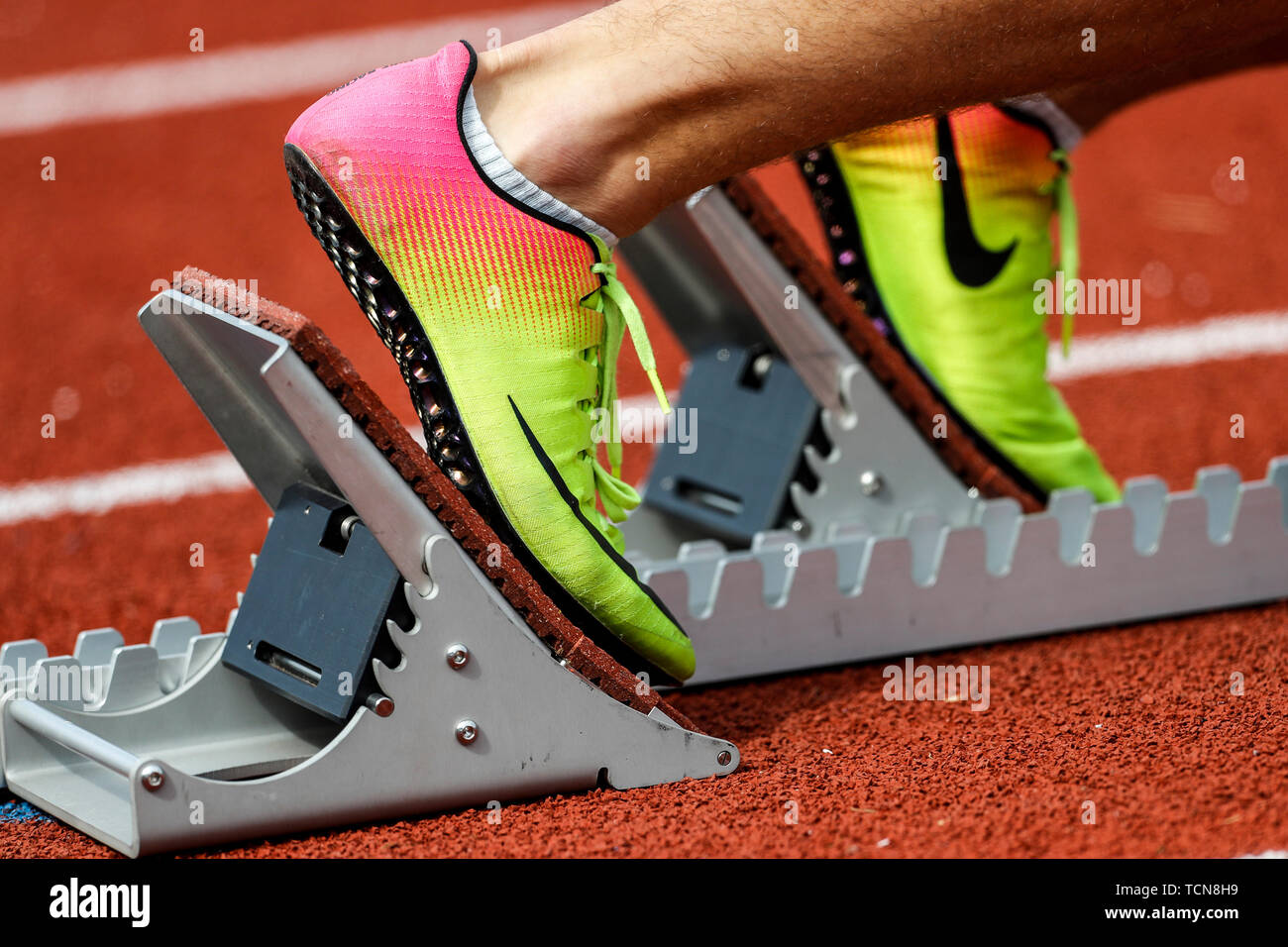 Hengelo, Pays-Bas. 09Th Juin, 2019. HENGELO, 09-06-2019, Fanny Blankers Koen Stadion, l'athlétisme. Chaussures dans le bloc au cours de la FBK games 2019 : Crédit Photos Pro/Alamy Live News Banque D'Images