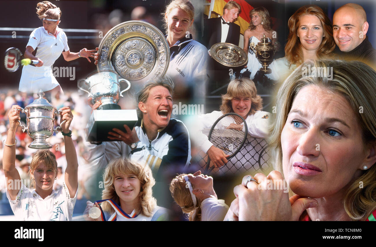 Montage photo : Steffi GRAF fête ses 50 ans le 14 juin 2019, Stefanie Maria Graf' 'Steffen (né le 14 juin 1969 à Mannheim) est un ancien joueur de tennis allemand. Elle a gagné 22 tournois du Grand Chelem et détient le record dans le monde du tennis classement avec 377 semaines. En 1988, elle a remporté les quatre tournois du Grand Chelem et les Jeux olympiques et a remporté le premier et jusqu'à présent le seul joueur de tennis le Golden Slam. Elle est l'un des meilleurs joueurs de tennis dans l'histoire. | conditions dans le monde entier : dpa Crédit photo alliance/Alamy Live News Banque D'Images
