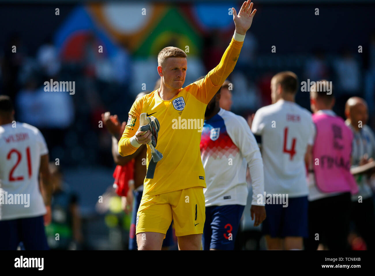 Guimaraes, Portugal. 09Th Juin, 2019. La Jordanie Pickford d'Angleterre célèbre après la troisième place de l'UEFA Ligue des Nations Unies Play-Off match entre la Suisse et l'Angleterre, à l'Estadio D. Afonso Henriques, le 9 juin 2019 à Guimaraes, Portugal. (Photo de Daniel Chesterton/phcimages.com) : PHC Crédit Images/Alamy Live News Banque D'Images