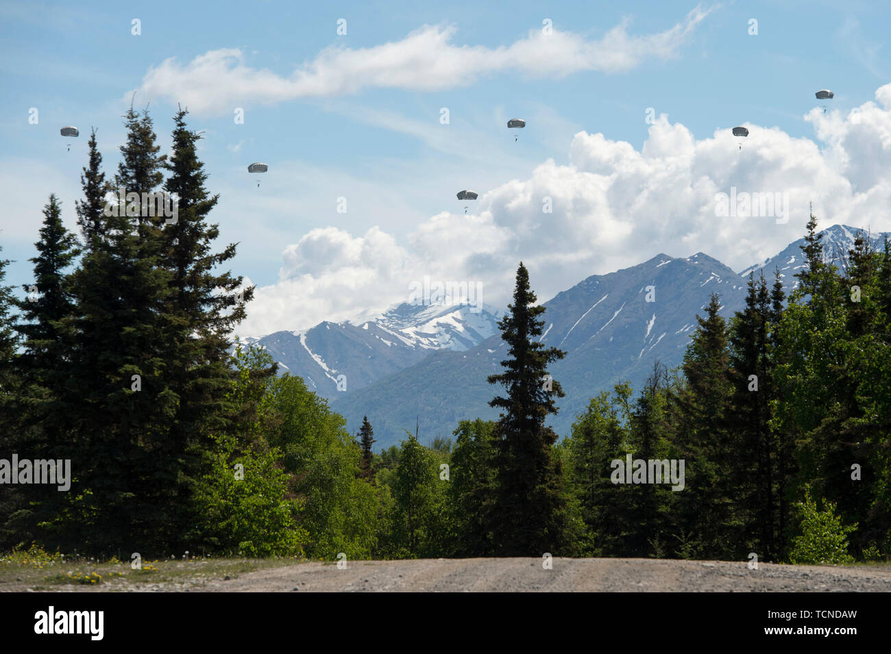Les parachutistes de la 4th Infantry Brigade Combat Team (Airborne), 25e Division d'infanterie de l'armée américaine, l'Alaska, conduite à l'entraînement à joint Base Elmendorf-Richardson, en Alaska, dans le cadre de l'exercice Arctic Aurora, le 5 juin 2019. Aurora de l'Arctique est un exercice d'entraînement bilatéral annuel comportant des éléments de l'armée américaine et l'Alaska JGSDF, qui vise à renforcer les liens entre les deux combinés en exécutant des opérations aéroportées en petites unités de base de compétence et de l'adresse au tir d'armes légères avec un accent sur la préparation au combat et l'interopérabilité entre les deux forces militaires. (U.S. Photo de l'Armée de l'air par un Banque D'Images