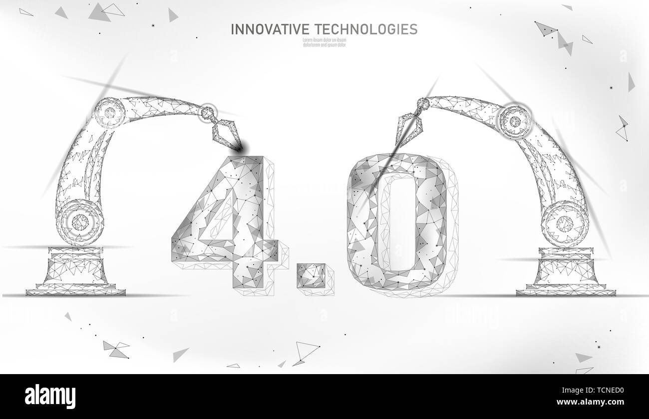 Poly basse révolution industrielle futur concept. Numéro de l'industrie 4.0 assemblées par bras robotique. La technologie en ligne Gestion de l'industrie. Polygonale 3D Illustration de Vecteur
