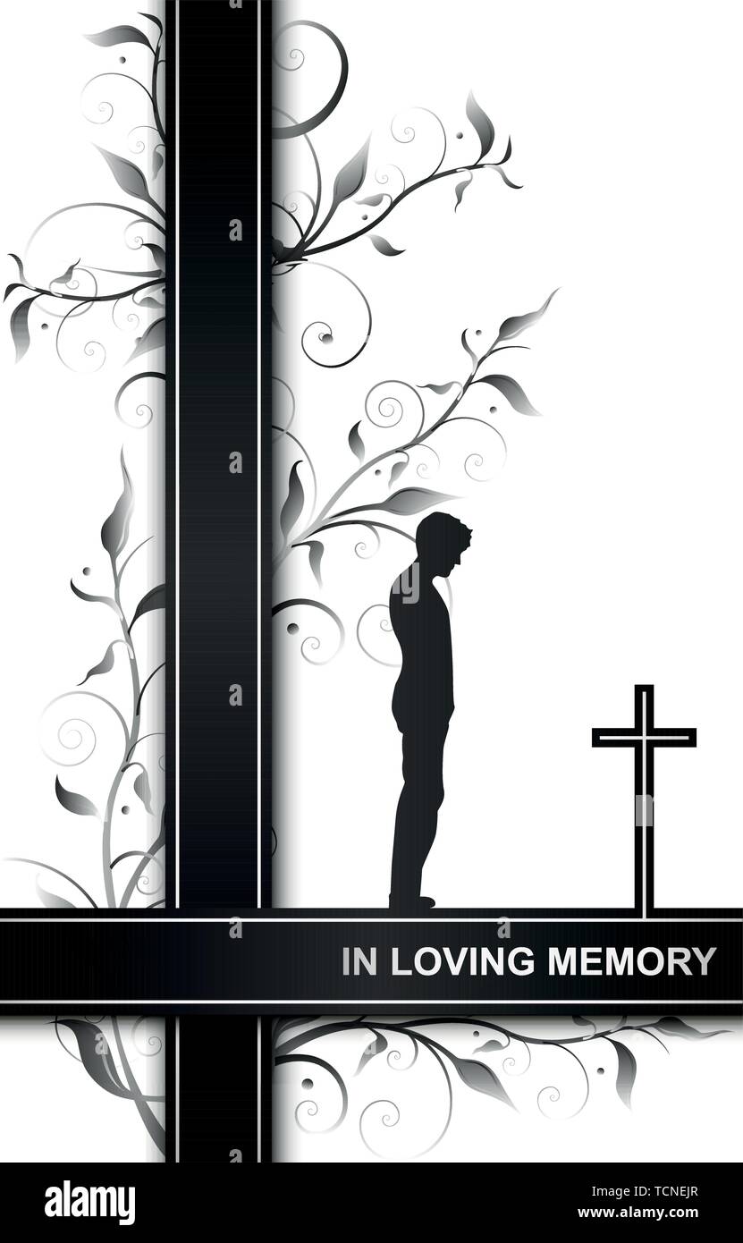 Carte de deuil en mémoire avec un homme sur une croix et éléments floraux isolé sur fond blanc Illustration de Vecteur