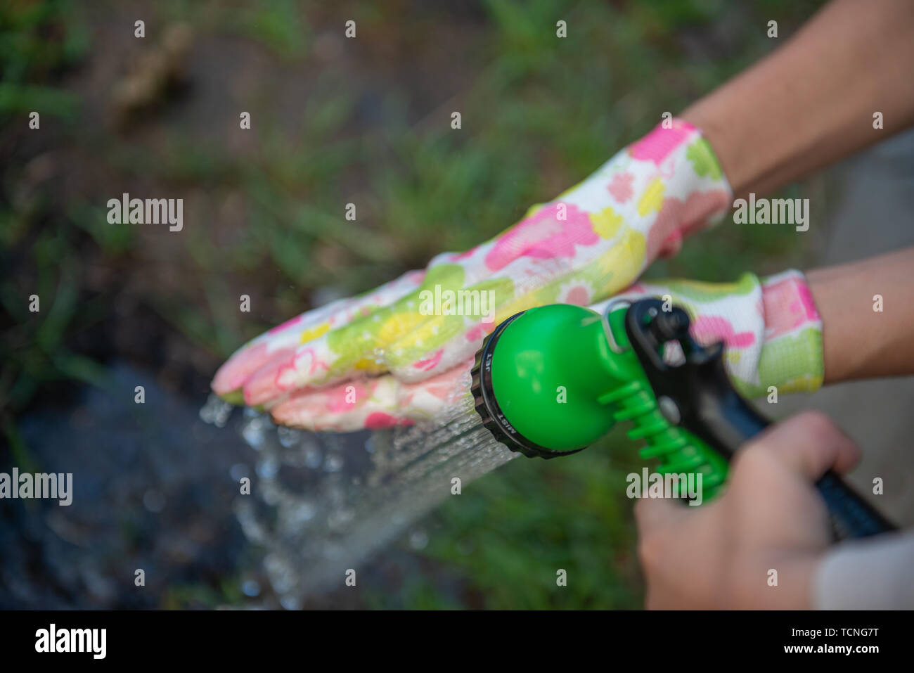Les mains des femmes dans les gants de jardin sont lavées à partir d'un tuyau Banque D'Images