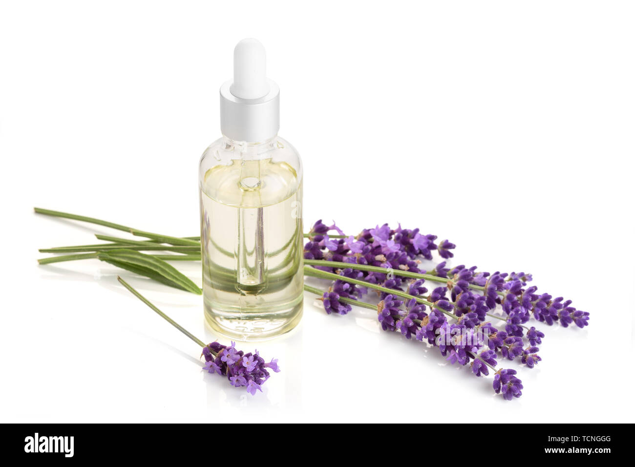 L'huile essentielle de lavande dans la bouteille en verre isolé sur fond blanc Banque D'Images