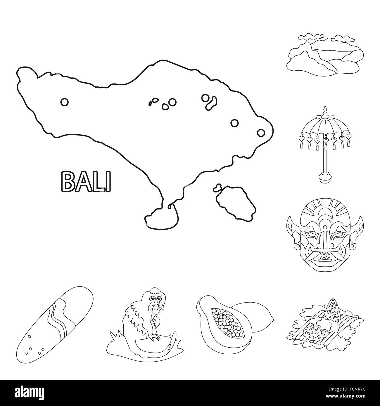 Site de montagne,plage,masque,surf,singe,papaye,riz,lac,tropical,parasol,indonésien,surf,fruits,animal,plat,vert,eau,,chaise,bois,dieu,demi,dîner,océan,colline,mythologie,la mer,la queue,balinais Caraïbes Asie géographie,,voyage,tourisme,island,bali,Indonésie,set,icône,,illustration,collection,isolé,design,graphisme,élément signe,ligne,plan,vecteurs vecteur , Illustration de Vecteur