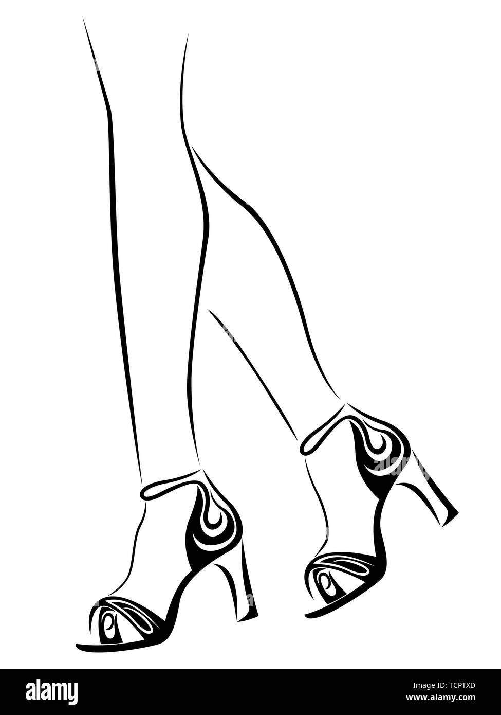 Aperçu des pieds féminins gracieux dans les chaussures à talons, abstrait noir sur blanc les images vectorielles Illustration de Vecteur