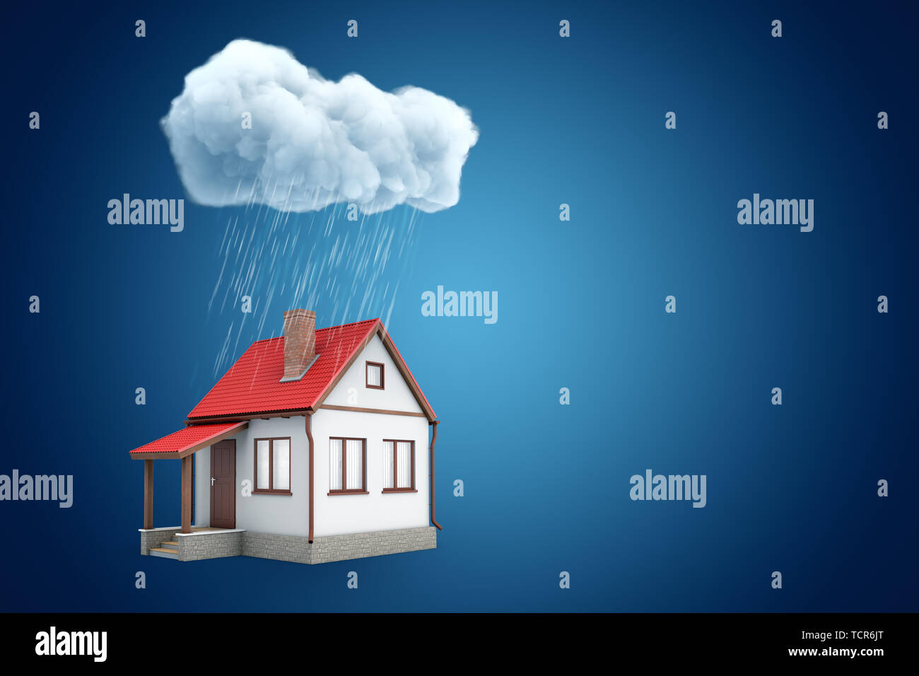 Le rendu 3D de la petite maison individuelle en vertu de l'article nuage pluvieux, sur fond bleu avec copie espace. Banque D'Images