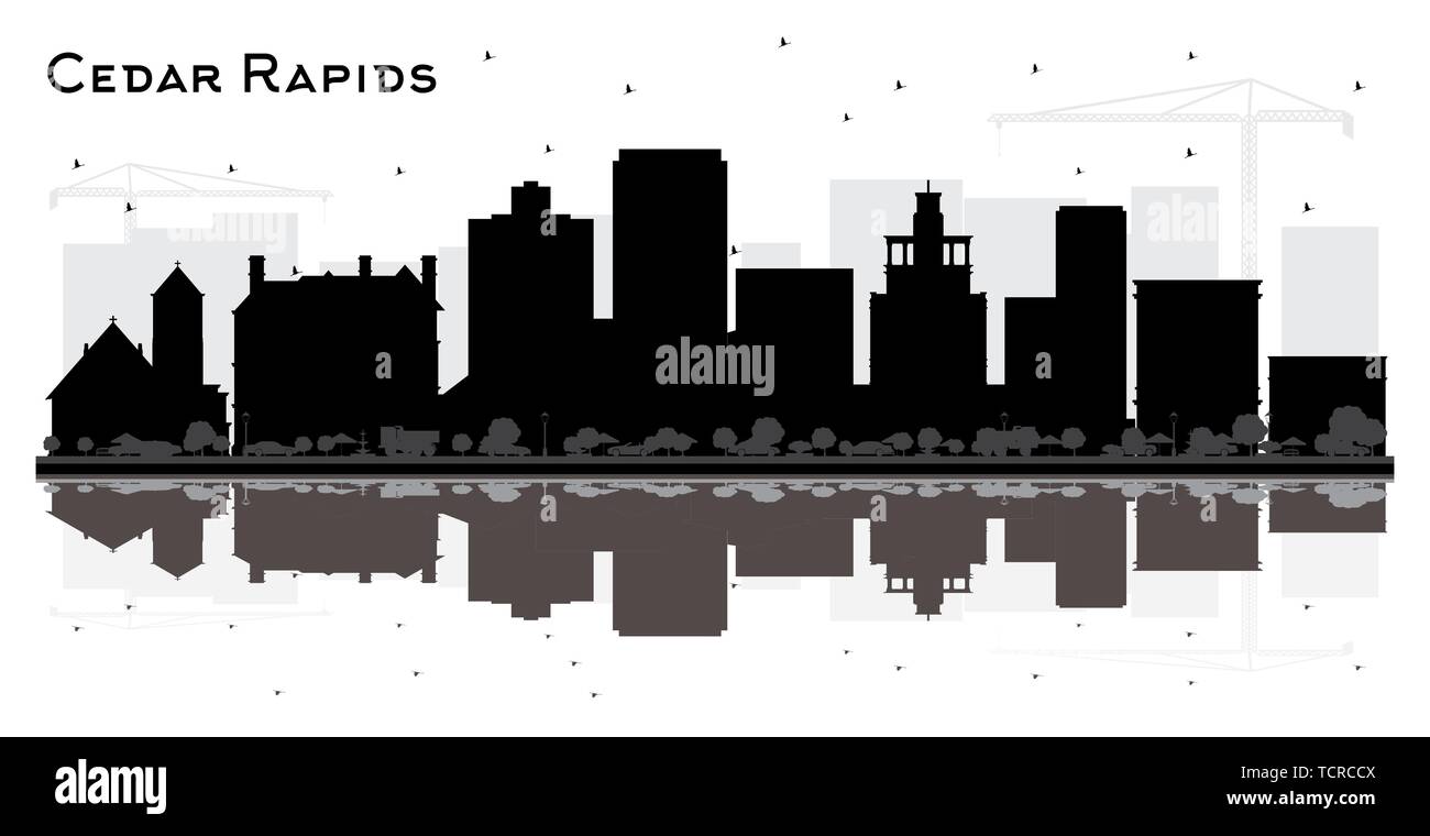 Cedar Rapids Iowa City Skyline Silhouette aux bâtiments et réflexions noir isolé sur blanc. Vector Illustration. Concept du tourisme. Illustration de Vecteur