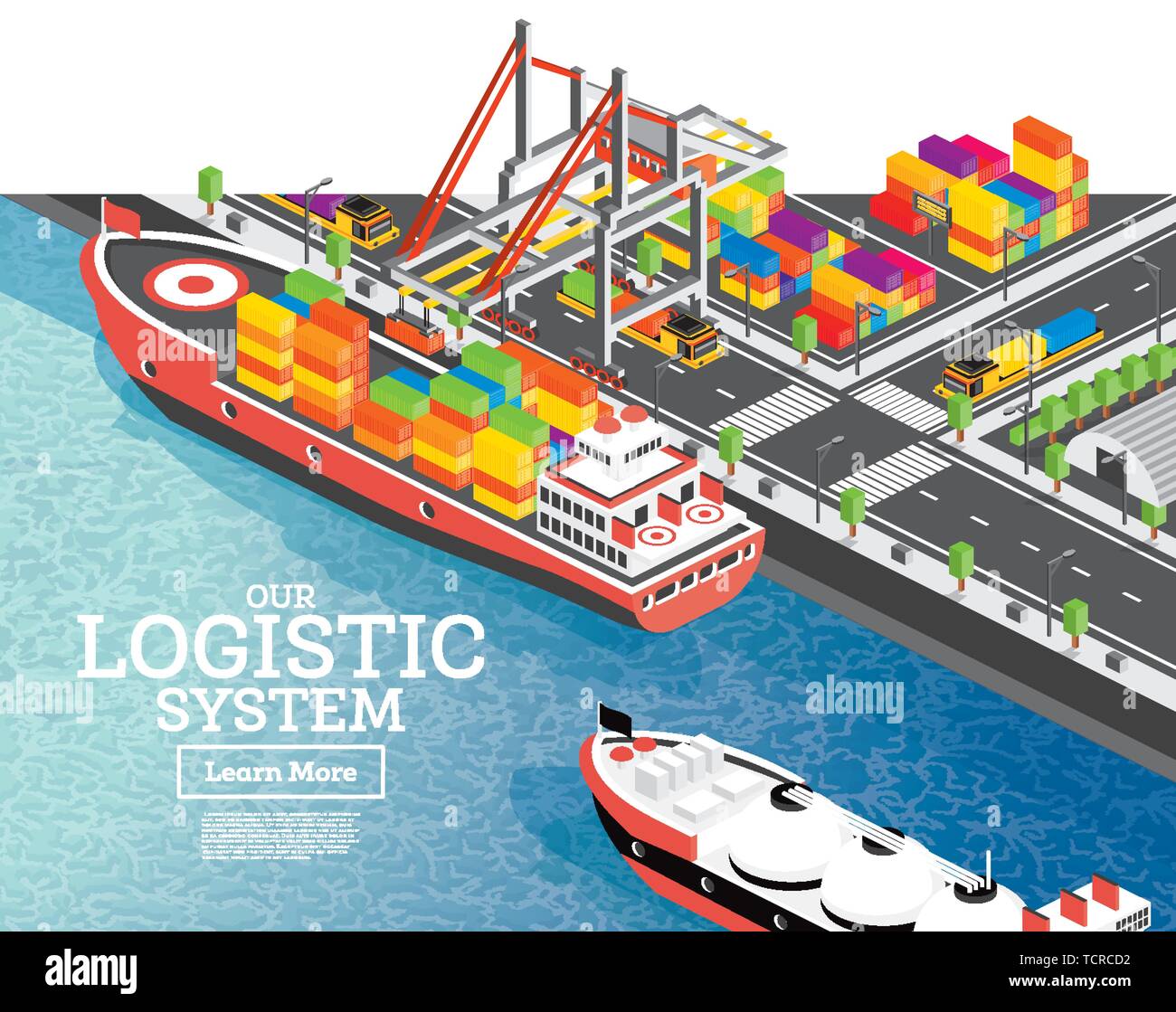 Port de mer isométrique avec porte-conteneurs. Vector Illustration. Grue à portique de chargement charge à bord. L'infrastructure portuaire. Illustration de Vecteur
