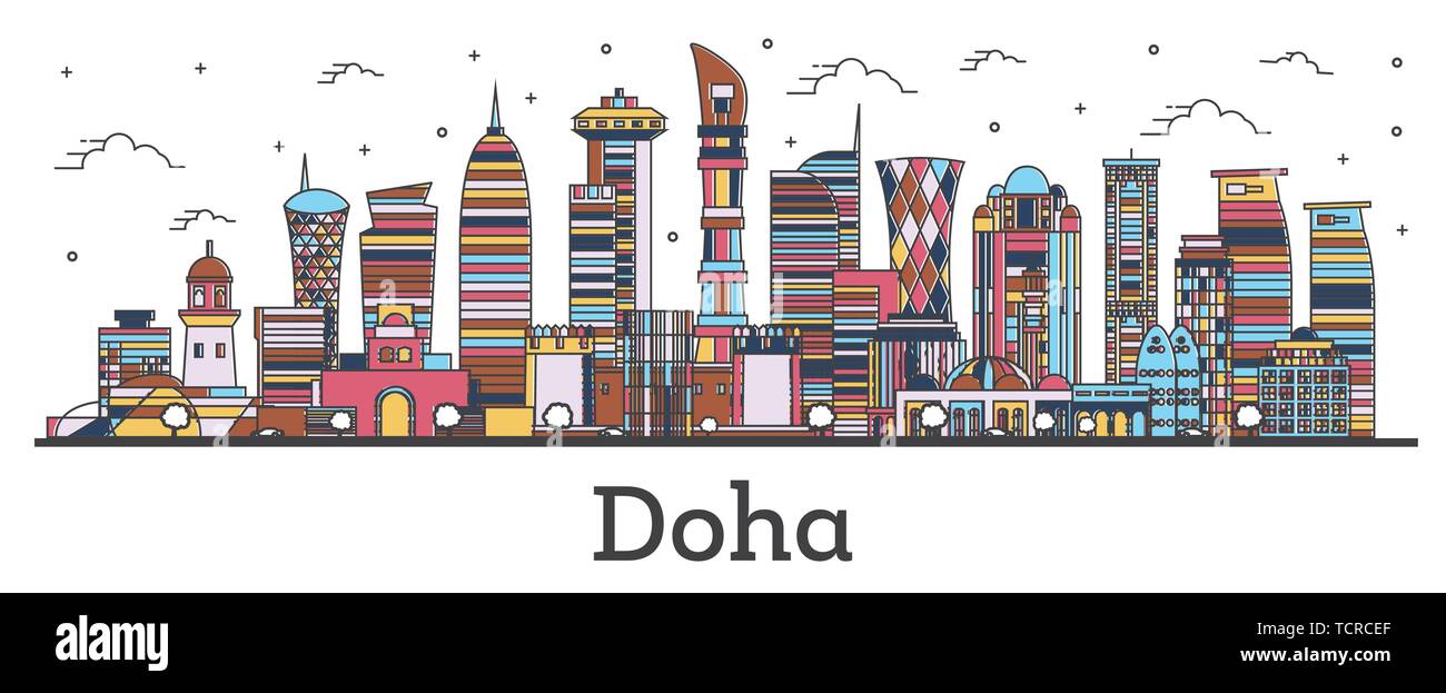 Contours Doha Qatar Ville avec des bâtiments couleur isolé sur blanc. Vector Illustration. La ville de Doha avec repères. Illustration de Vecteur