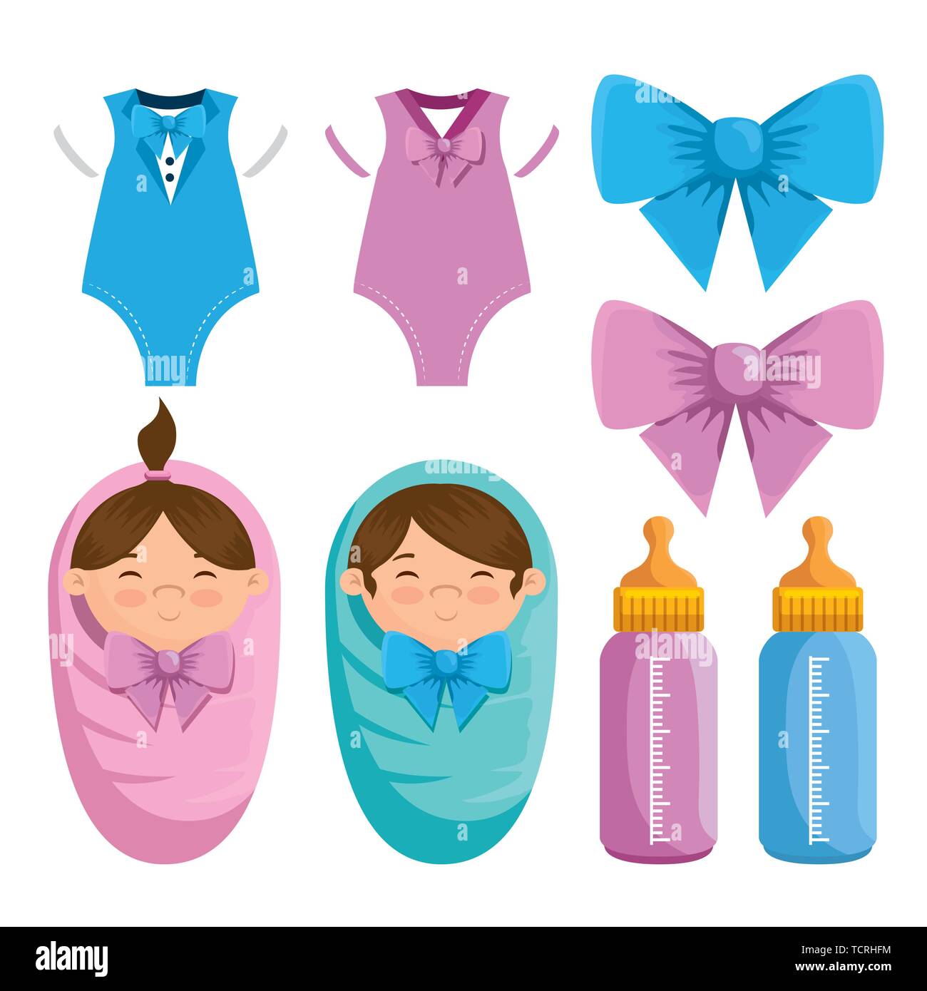 Ensemble de petite fille et garçon pijamas avec biberon et ribbon bow Illustration de Vecteur