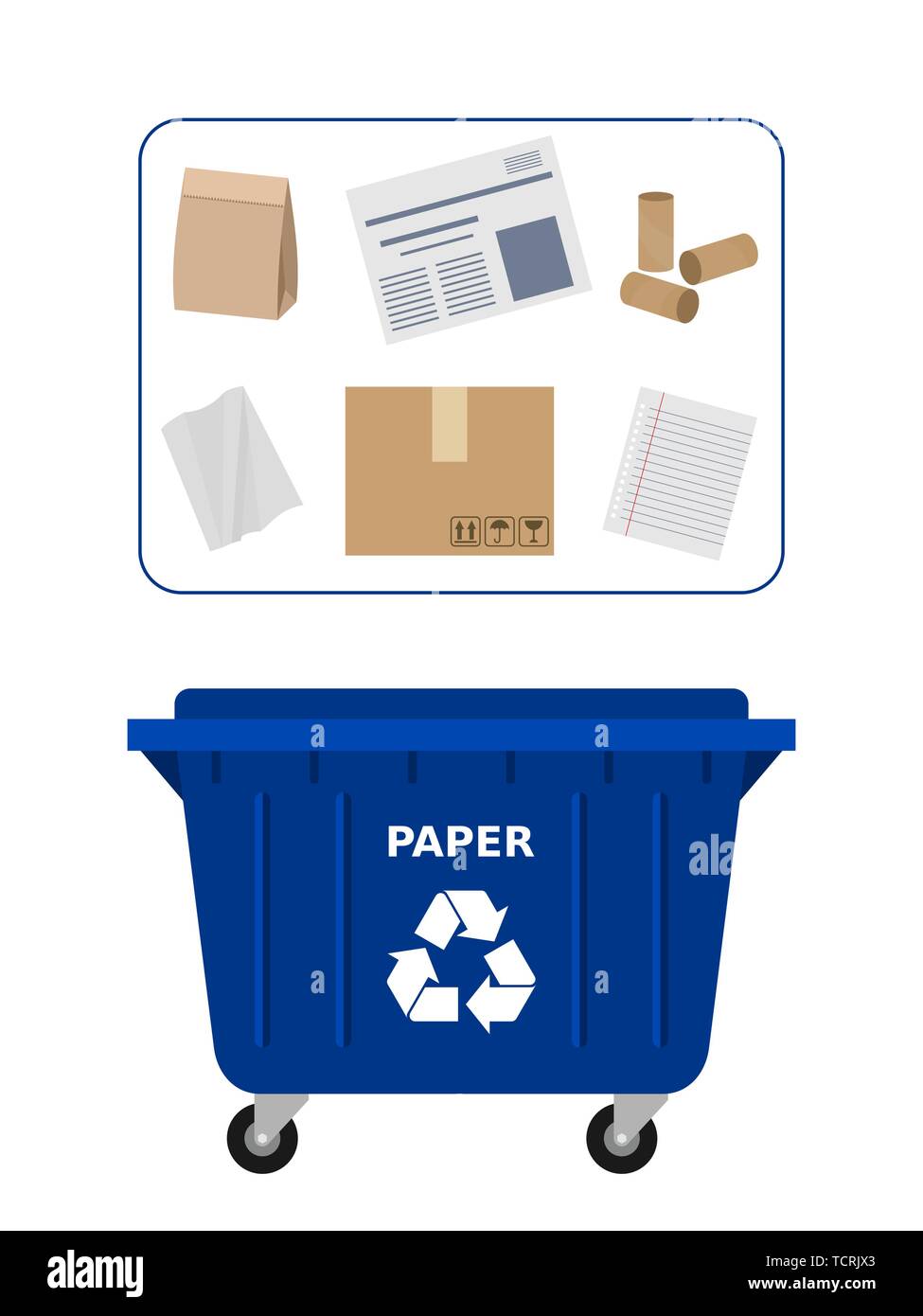 Benne à déchets pour les déchets de papier aux fins de recyclage. Recyclage  du papier au tri sélectif des déchets, tri, déchets, eco friendly, concept.  Conteneur bleu Image Vectorielle Stock - Alamy