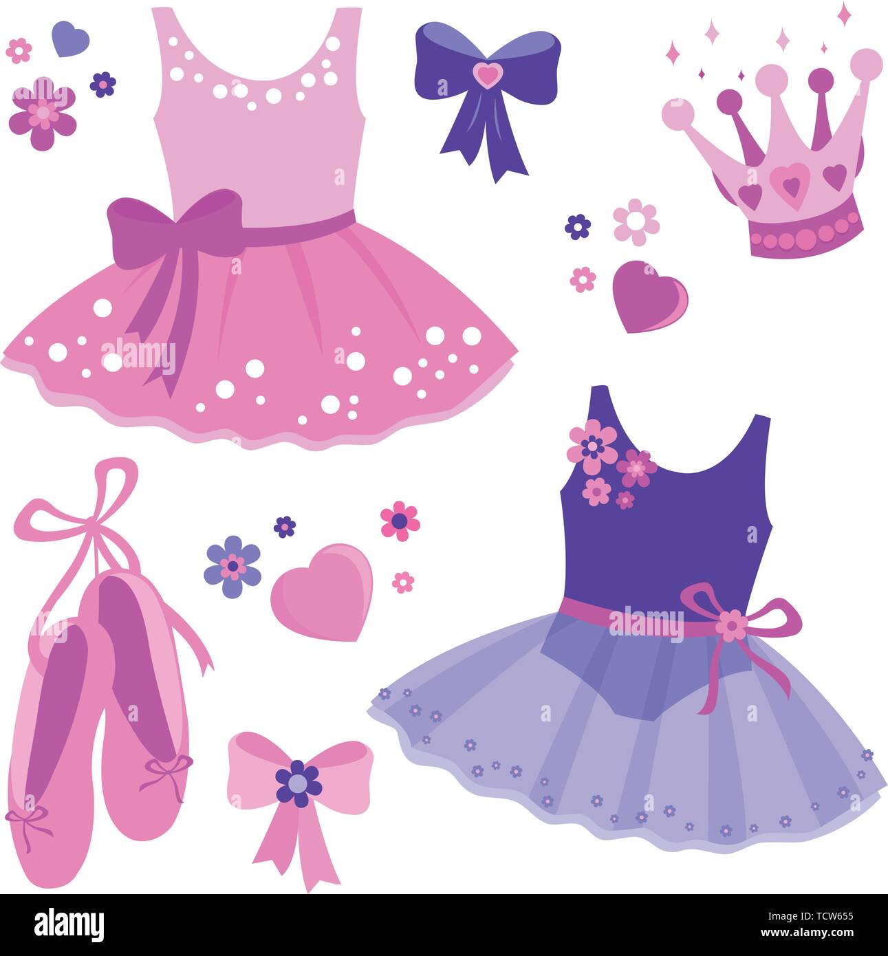 Vector illustration set of cute pink and purple ballerina dancer girl tenues, chaussures de ballet, des rubans, des fleurs et de la couronne. Illustration de Vecteur