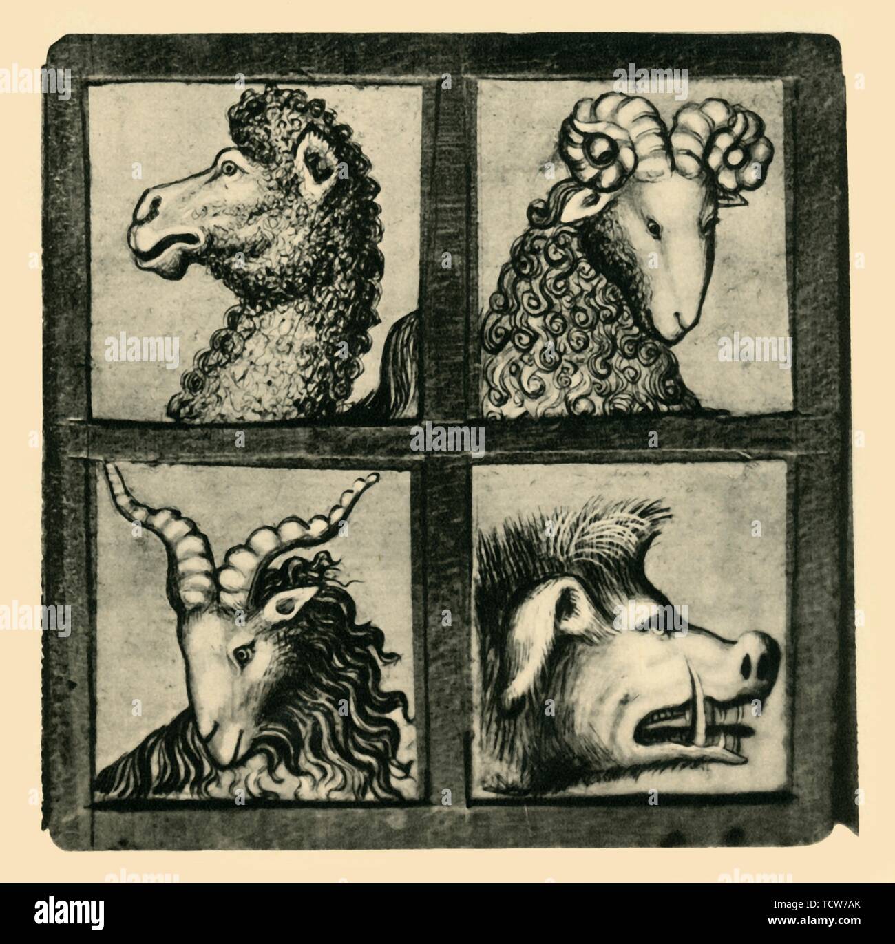 Des têtes d'animaux, début du 15ème siècle, (1943). Créateur : Inconnu. Banque D'Images