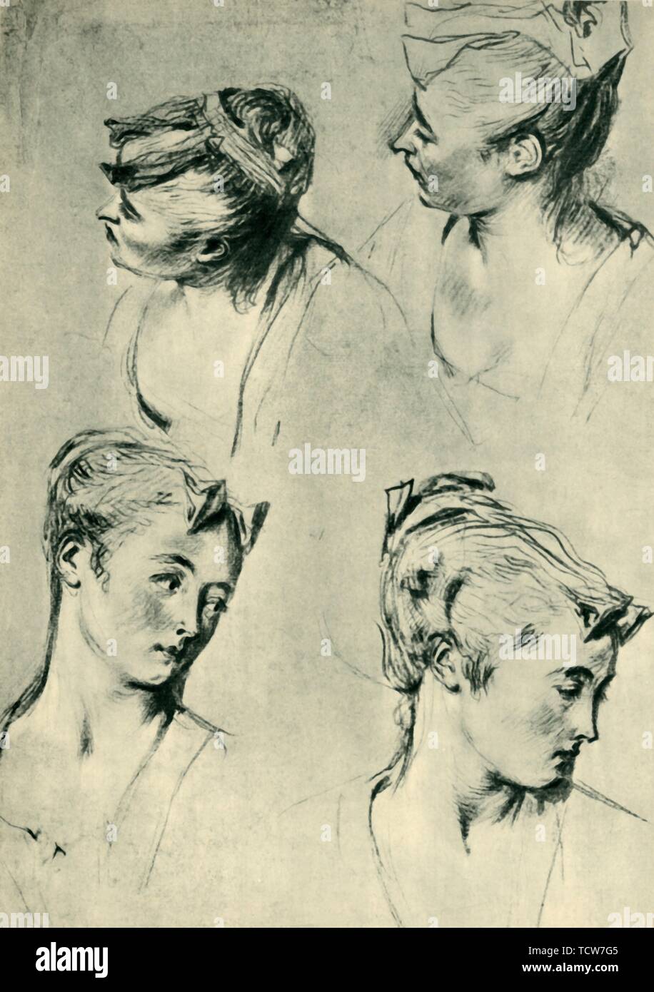 Quatre études de femmes chefs, début du xviiie siècle, (1943). Organisateur : Jean-Antoine WATTEAU. Banque D'Images