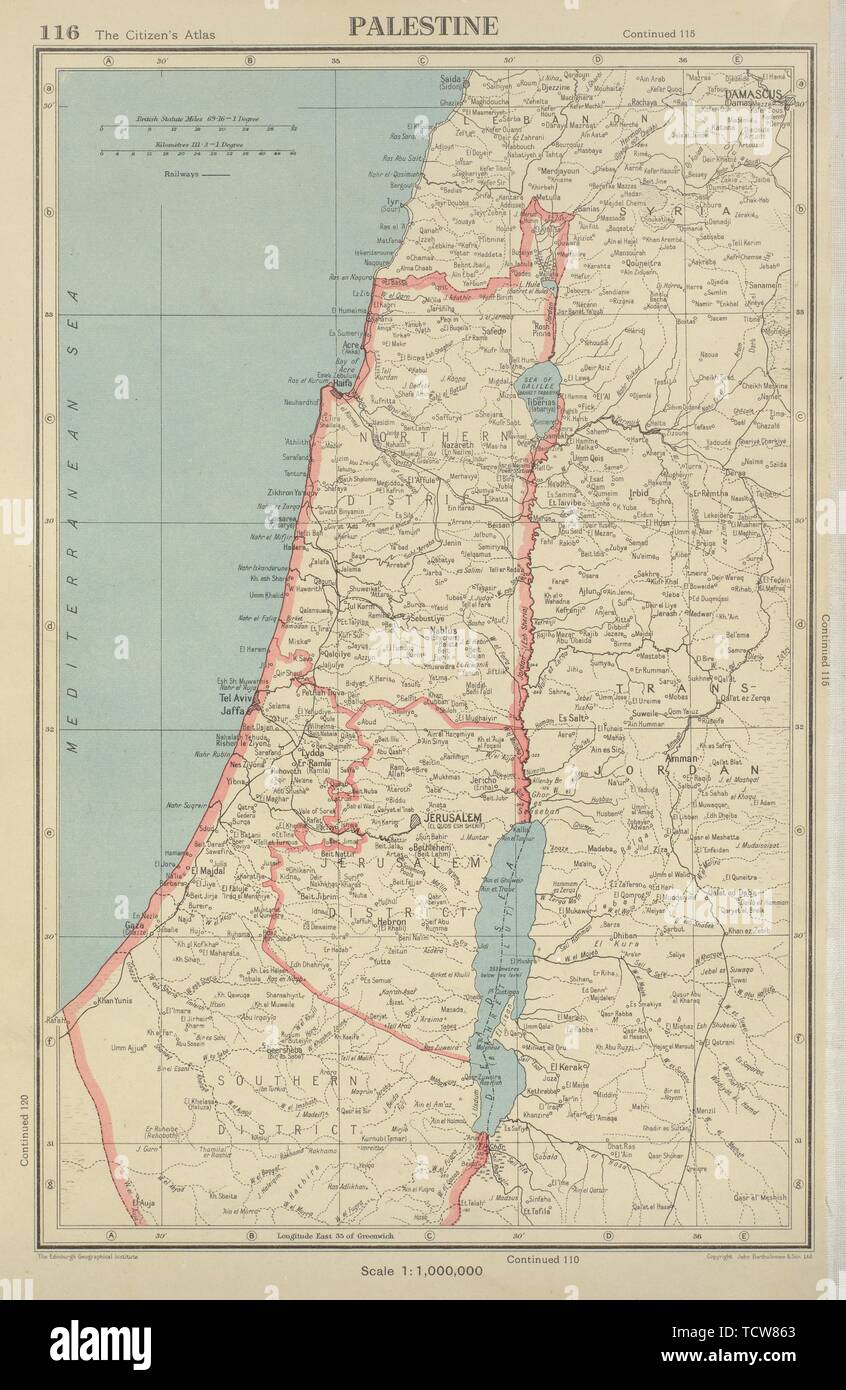 La Palestine et la Transjordanie. Date d'état d'Israël. Inc. Gaza, ex. La carte 1947 du Golan Banque D'Images