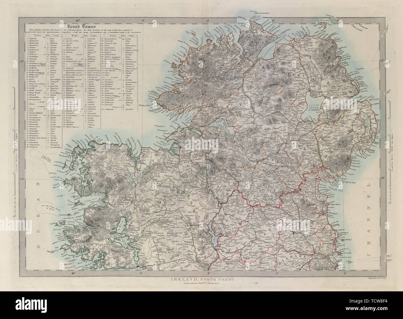 L'Irlande de Nord. Liste des Cloigtheach Cloigthithe tours rondes.SDUK map 1874 Banque D'Images