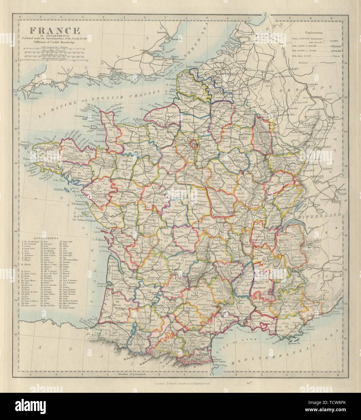 La France en départements. Chemins de fer. w/o Alsace Lorraine. SDUK 1874 carte ancienne Banque D'Images