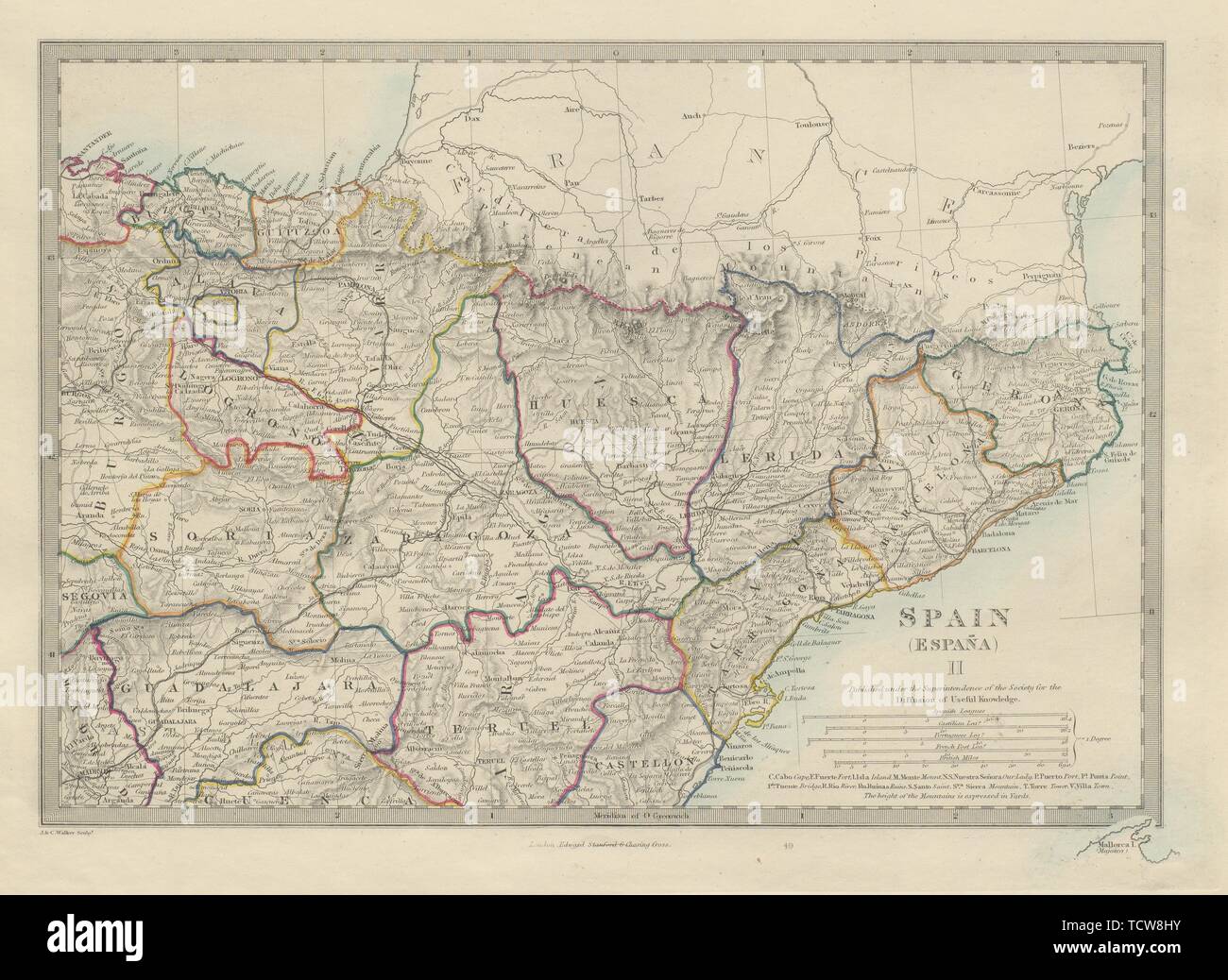 Au nord-est de l'ESPAGNE Catalogne Aragon Soria Navarra Bizcaya Guipozcoa SDUK map 1874 Banque D'Images