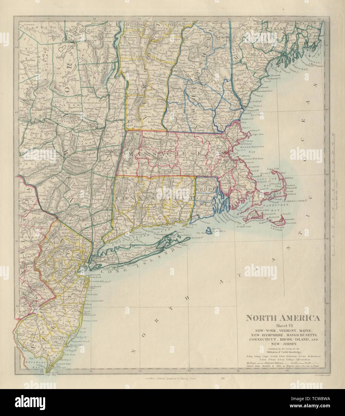 USA New york Connecticut Maine Massachusetts New Jersey NH RI VT.SDUK carte 1874 Banque D'Images