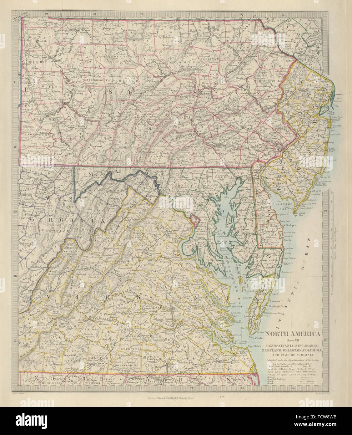 USA. New Jersey Pennsylvanie Virginie DC Maryland Delaware. SDUK 1874 carte ancienne Banque D'Images