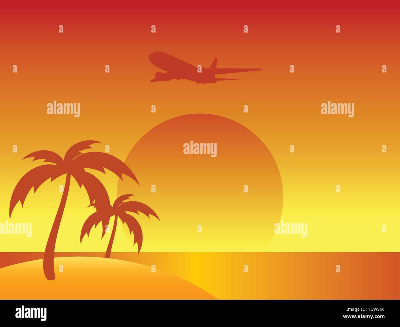 Résumé Contexte L'été orange et jaune avec silhouette de palmiers et coucher du soleil à partir d'un avion sur l'île tropicale Illustration de Vecteur