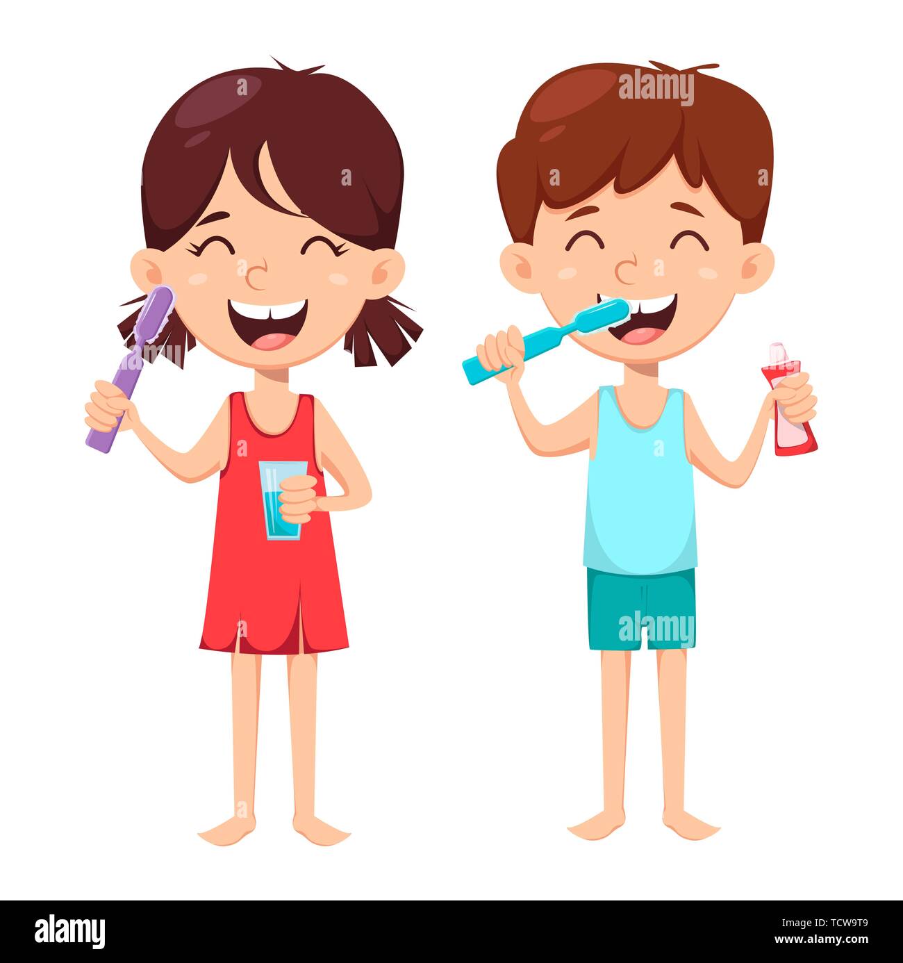 L'hygiène dentaire quotidienne. Garçon et fille se brosser les dents. Soins des dents des enfants. Cute cartoon caractères. Vector illustration isolé sur fond blanc. Illustration de Vecteur