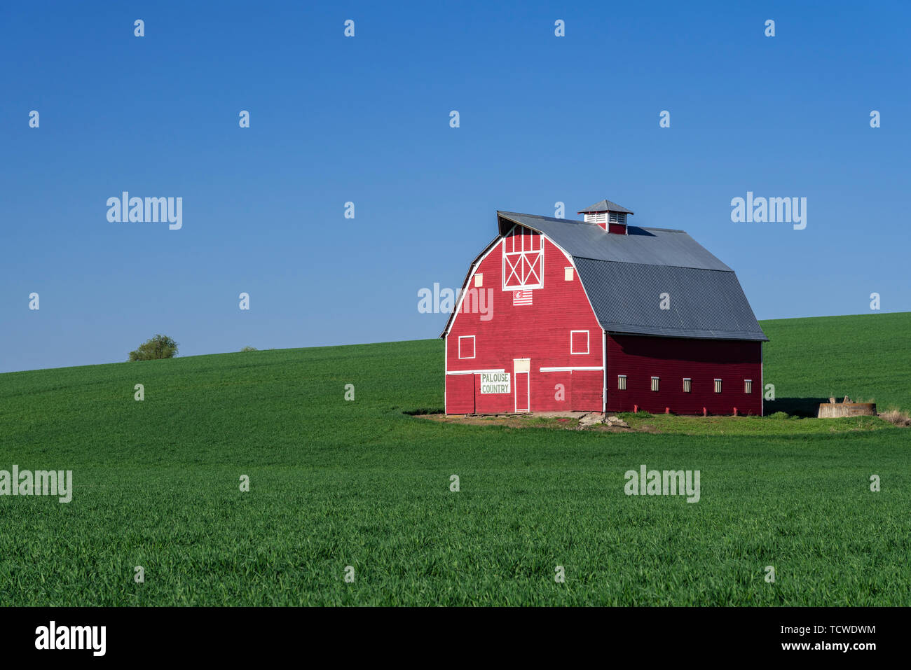 Une grange rouge dans les collines de la région de Palouse, Washington USA. Banque D'Images
