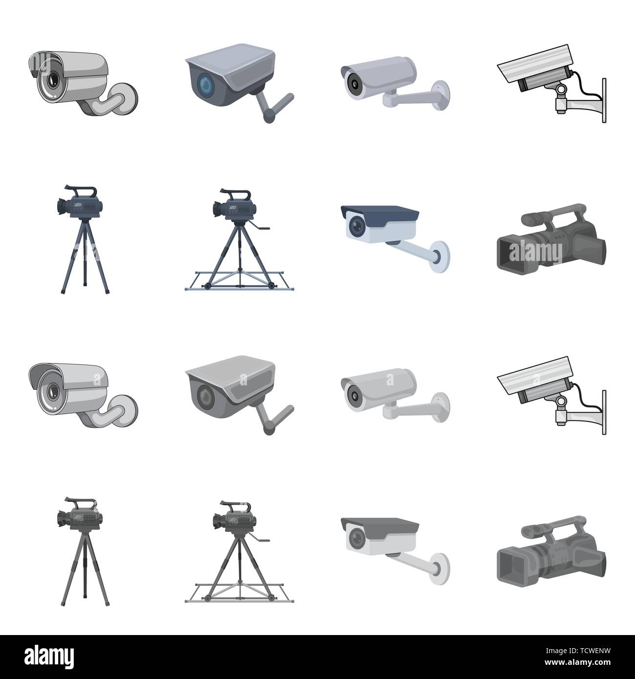 Vidéosurveillance,sécurité,Accueil,circuit,intelligente,suivi,,sécurité,trépied, d'une caméra et caméscope détail,tableau de bord,location,enregistrement,dashcam,vidéo,photographie,set,icône,,illustration,collection,isolé,design,graphisme,élément,signe, vecteurs vecteur , Illustration de Vecteur