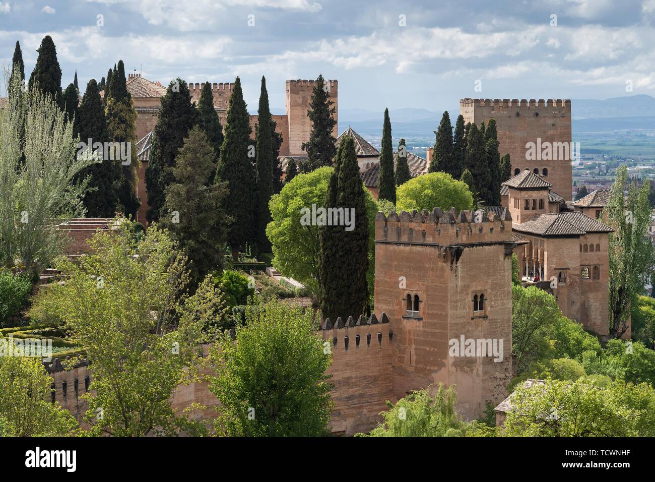 Palais Nasrides et l'Alcazaba, le château de la ville maure de l'Alhambra, site du patrimoine mondial de l'UNESCO, Grenade, Andalousie, Espagne Banque D'Images
