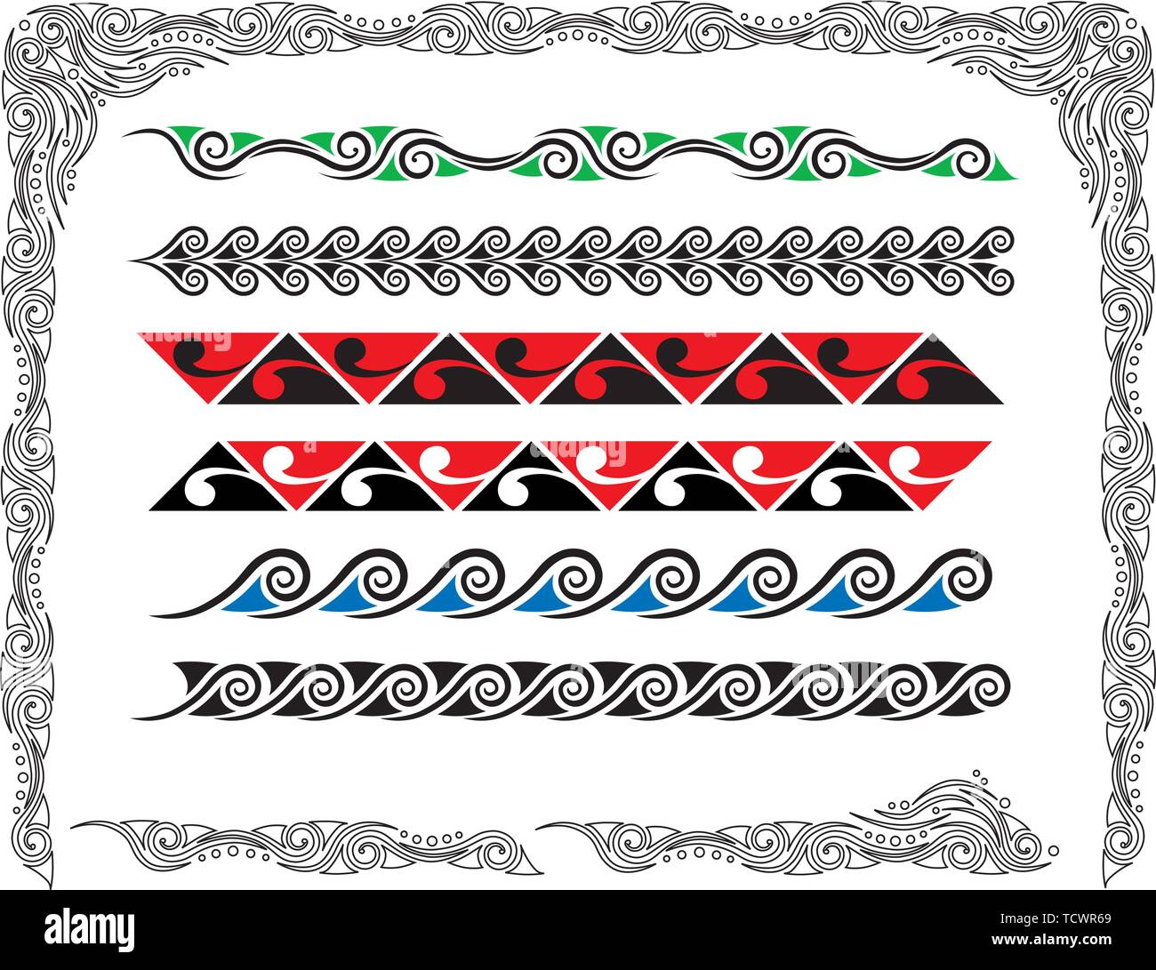 Collection de frontières avec colorCollection Maori Koru Koru Maori de frontières avec la couleur Illustration de Vecteur