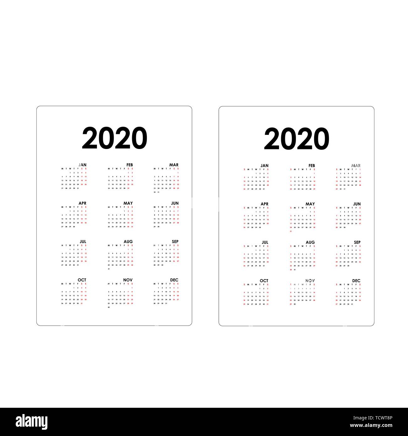 Calendrier 2020 Calendrier 2020 Modèle.Lot de 12 mois.Calendrier de l'année modèle de vecteur conception.Vector illustration. Illustration de Vecteur