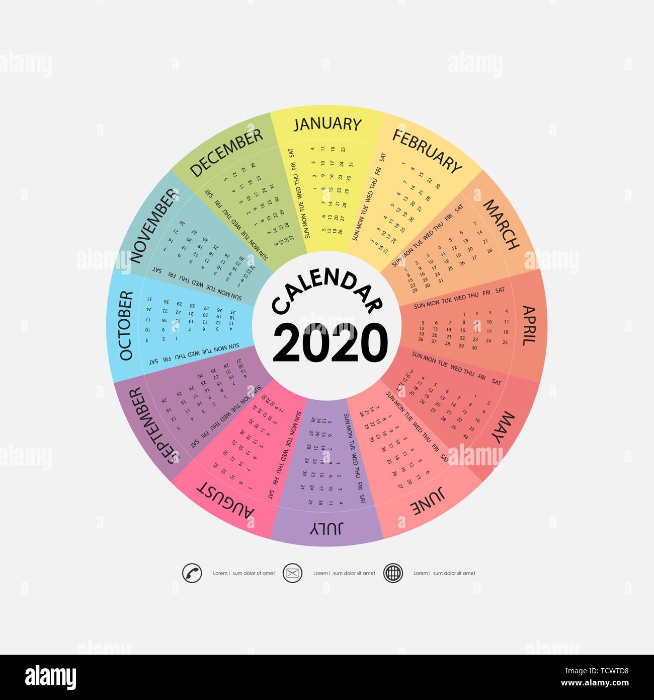 Modèle de calendrier 2020 calendrier cercle.template.Calendar 2020 Ensemble de 12 mois.commence à partir de dimanche.Calendrier de l'année modèle de vecteur conception.ve Illustration de Vecteur