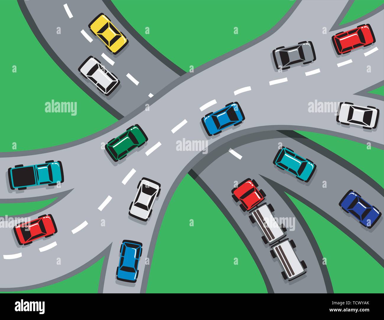 Le trafic avec des voitures et des camions sur une autoroute ou jonction autoroutière SPE8 Illustration de Vecteur