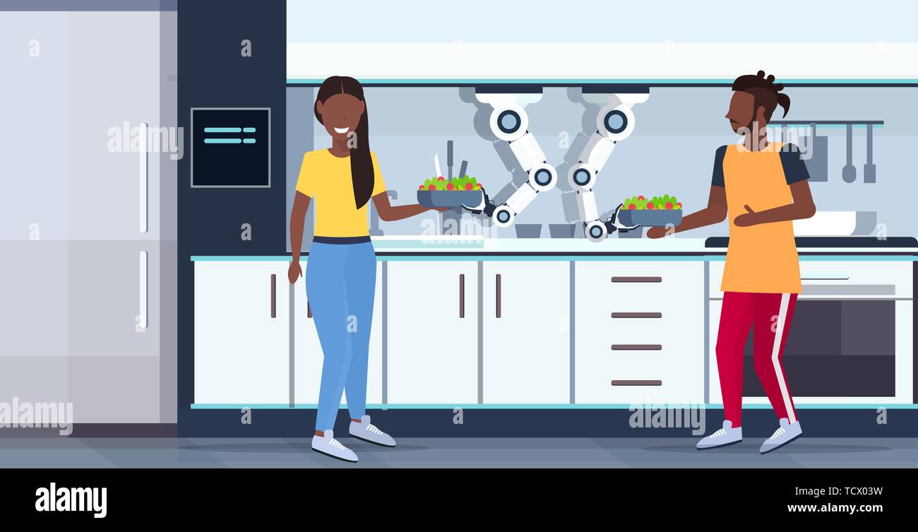 Pratique intelligente robot chef cuisiner et servir salade fraîche d'african american couple assistant cuisine innovation robotique automatisation artificial Illustration de Vecteur