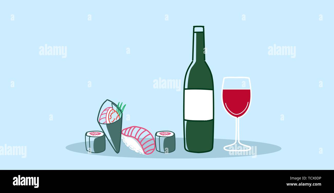 Rouleaux de sushi avec verre de vin rouge cuisine japonaise traditionnelle dîner romantique doodle croquis dessinés à la main, l'horizontale Illustration de Vecteur