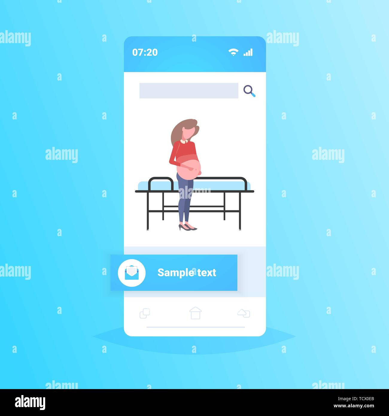 Femme enceinte, debout près de lit d'hôpital et tenant son ventre grossesse maternité soins prénatals concept de l'écran du smartphone mobile télévision Illustration de Vecteur