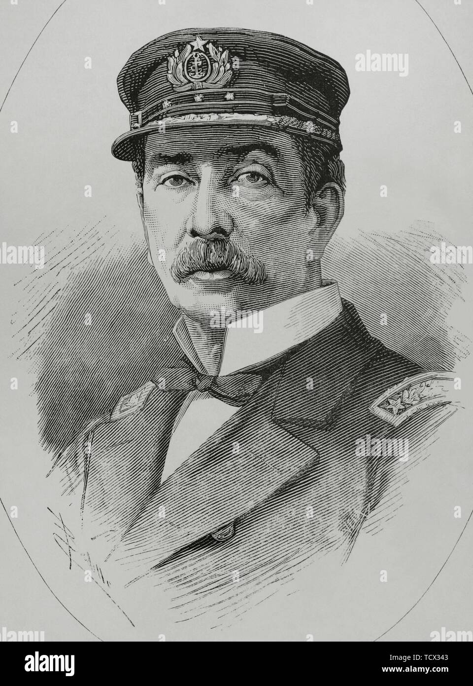 Patricio Lynch (1824-1886). Militar chileno, vicealmirante de la Armada de Chile, le général en chef del Ejército de ocupación de Perú y ministro plenipotenciario de Chile en España. Dibujo por Badillo. Gravure por Vela. La Ilustración Española y Americana, 8 de febrero de 1882. Banque D'Images