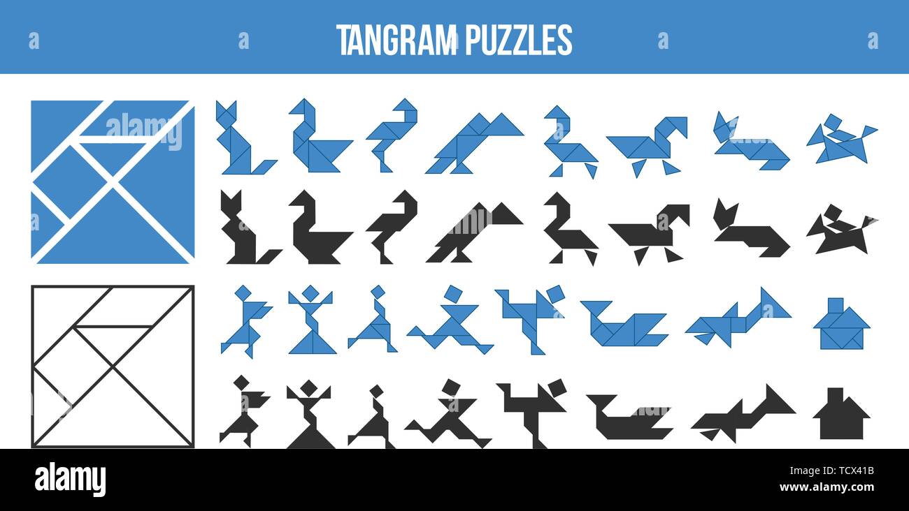 Tangram, jeu de puzzle. Ensemble de formes pour les enfants Activité qui aide à apprendre des formes géométriques. Les animaux , les oiseaux, les poissons et les gens ont fait de triangles, squa Illustration de Vecteur