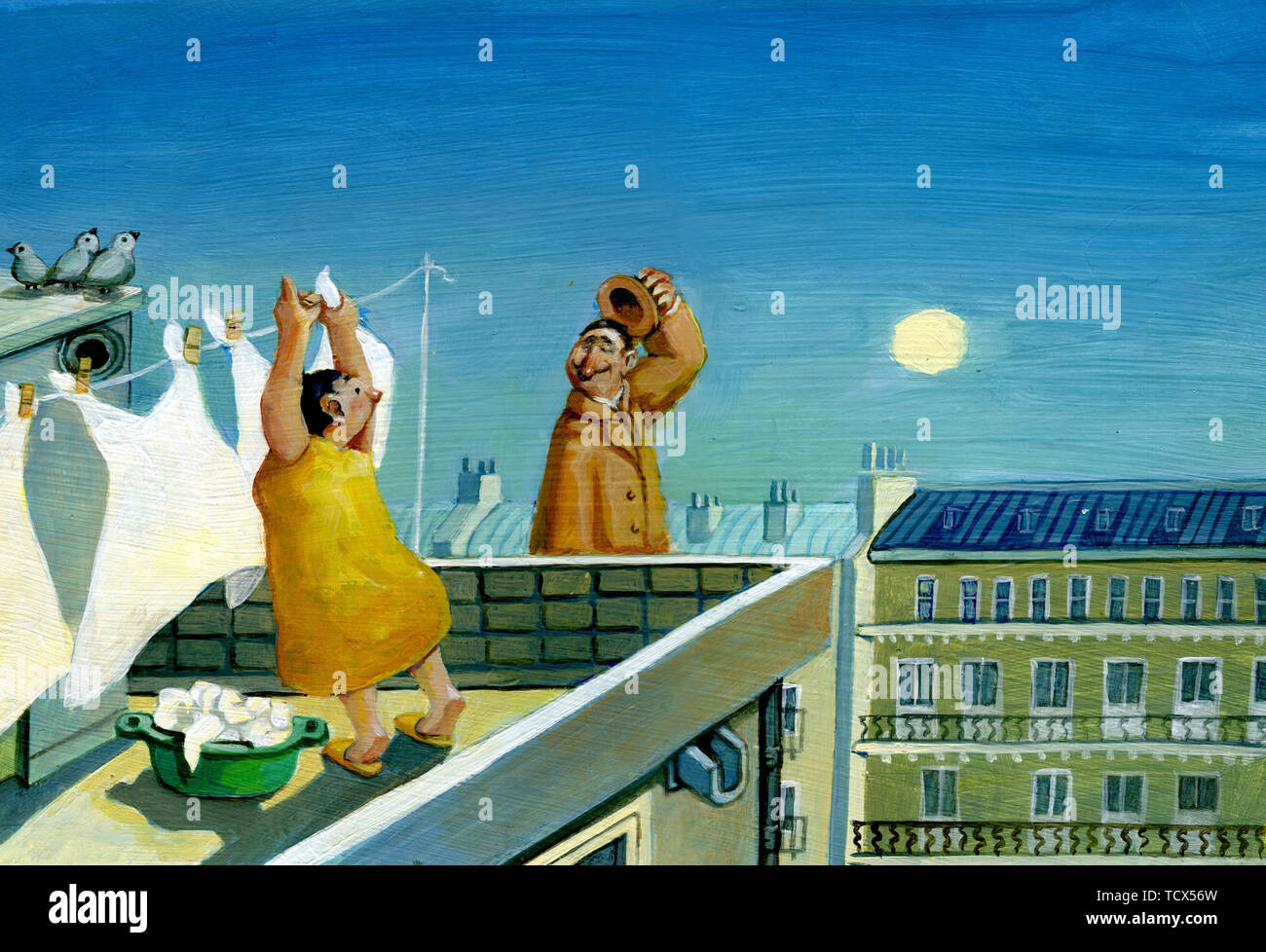 Femme à l'aube de blanchisserie est suspendu sur le toit d'une chambre haute voit un homme marchant dans l'air et en agitant son chapeau Banque D'Images