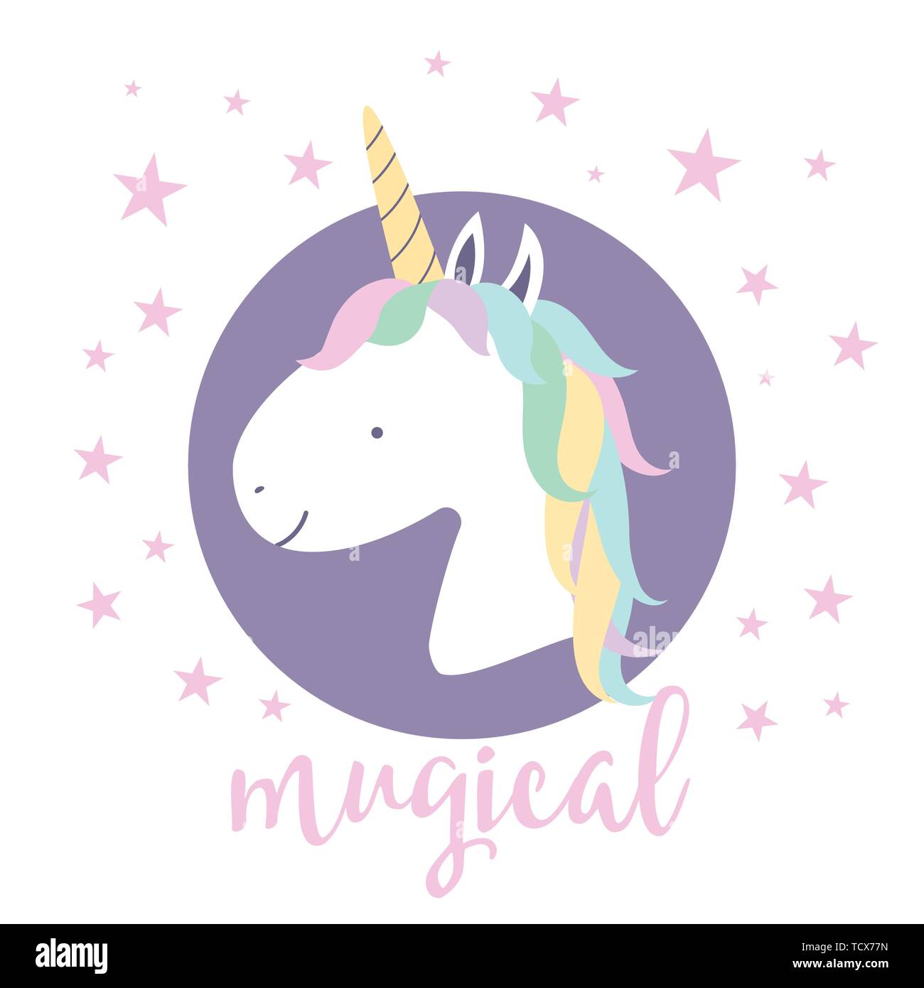 Licorne magique mignon. Design pour enfant, carte, badge autocollant, patch, cas de téléphone, affiches, t-shirt, mug, etc. Illustration de Vecteur